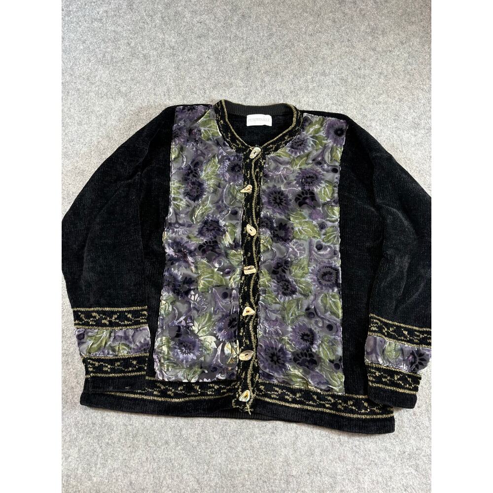 Periwinkle Cardigan Womens Large Black Velvet Embroidered Floral Knit Sweater
